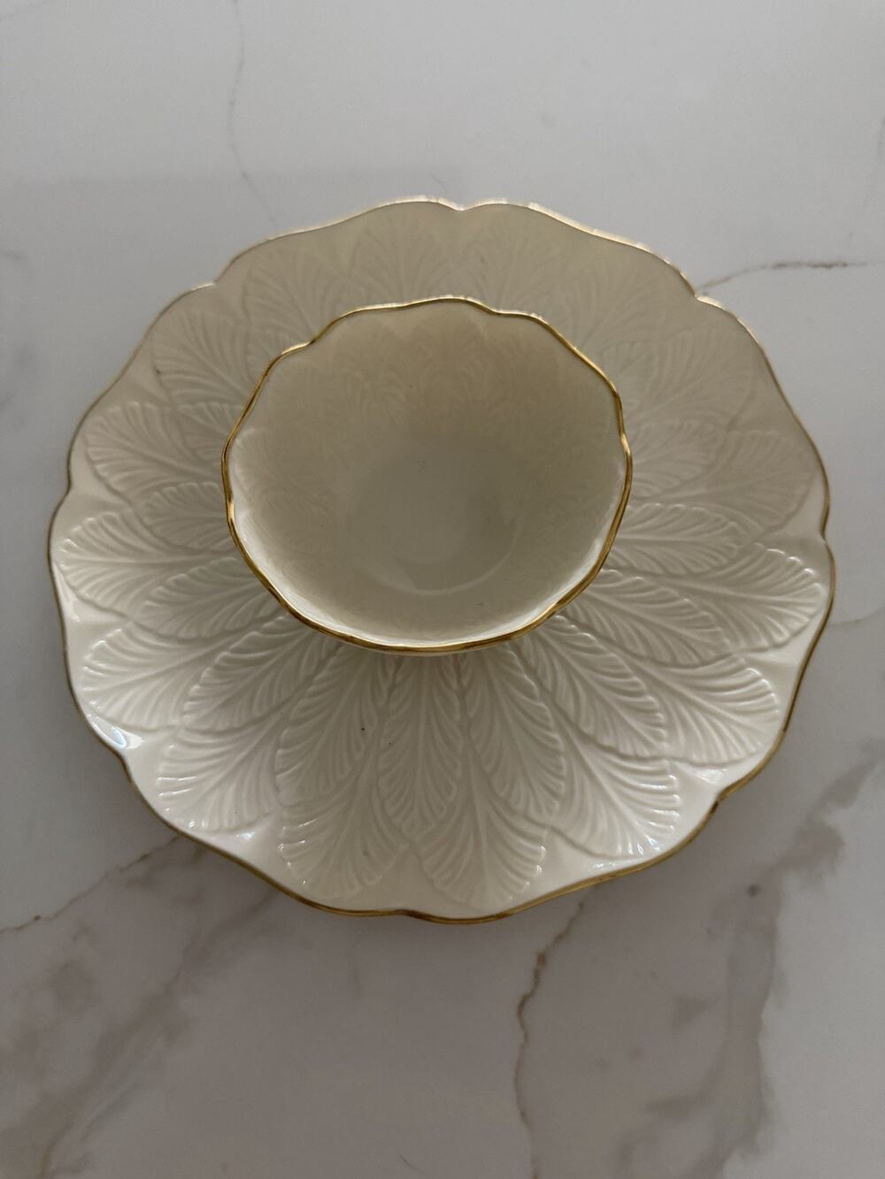 Vintage Lenox 10" Embossed Greenfield Collection CHIP & DIP SET 24k Gold Trim
